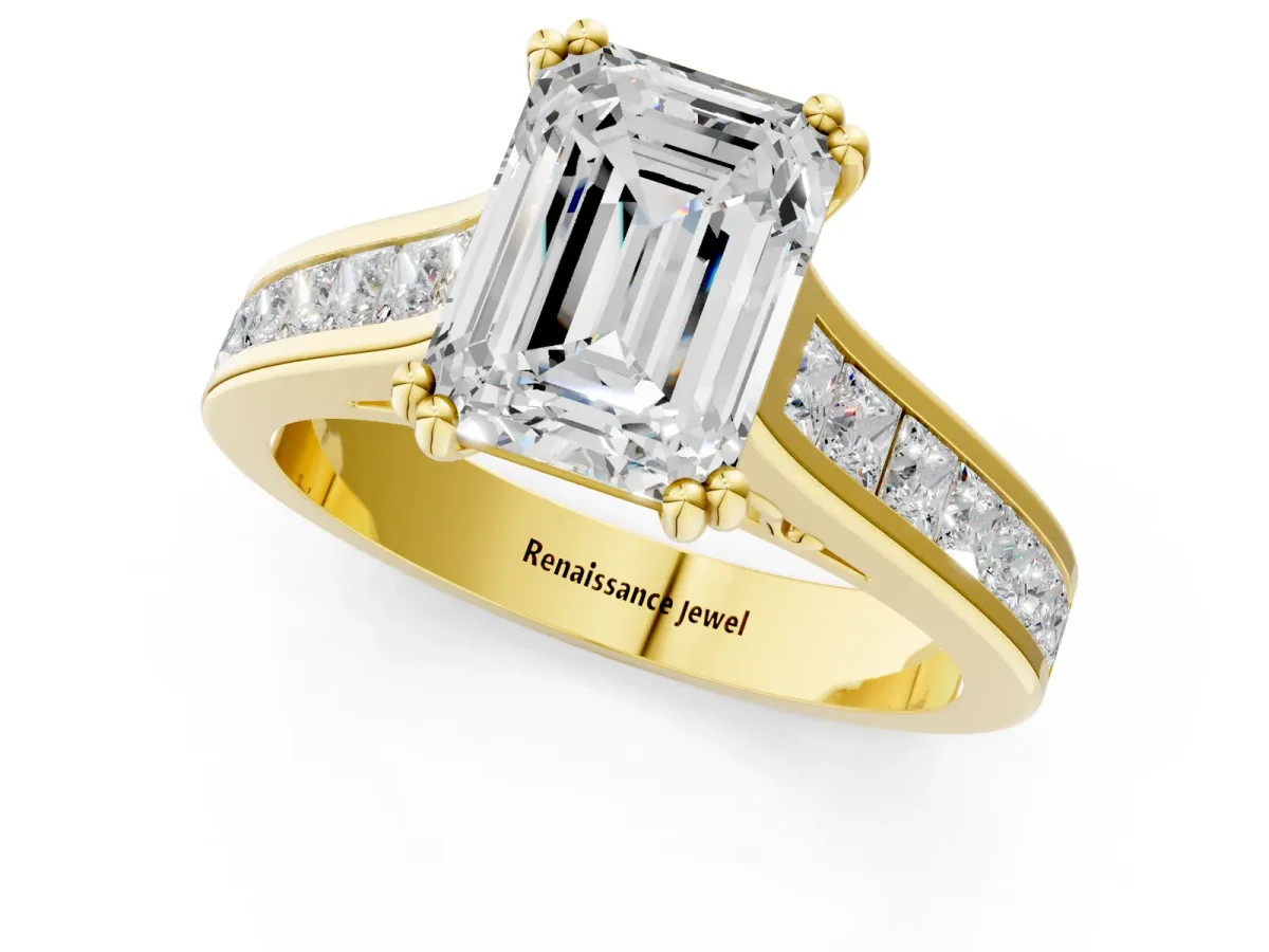 Emerald Cut Cut Channel Set Solitaire Engagement Ring with Prong Setting Yellow gold