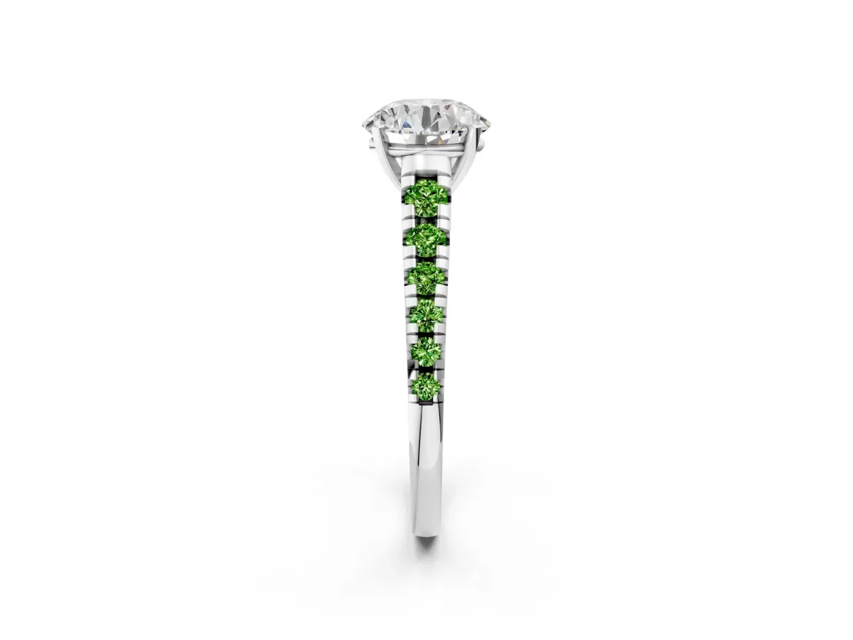 Round Cut Diamond Cathedral Solitaire Ring with Round Peridot Pavé Band Silver
