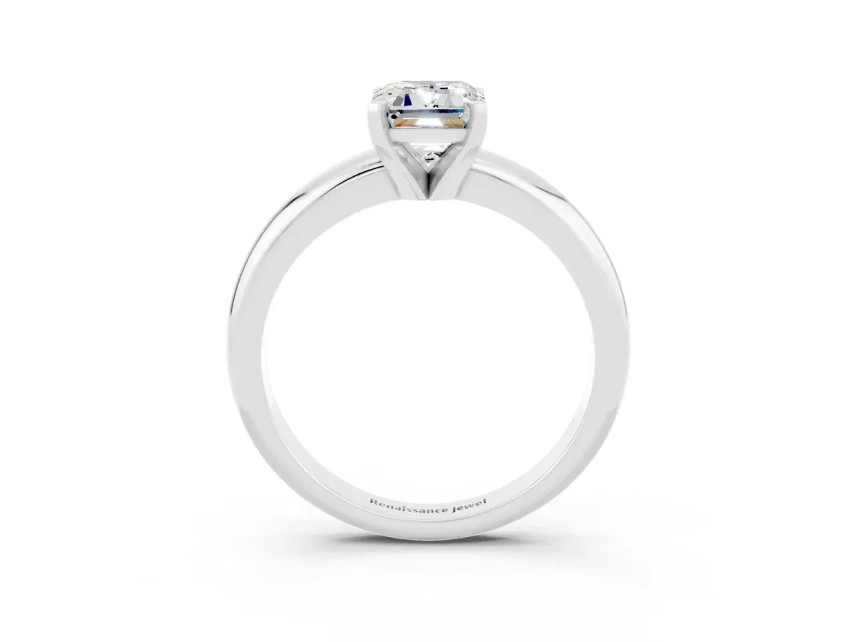 Emerald Cut Moissanite Solitaire Engagement Ring with Round Band and Four-Prong Setting Silver