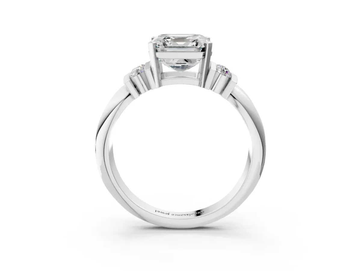 Asscher Cut Cut Three-Stone Channel Set Ring with Bar Prongs Platinum