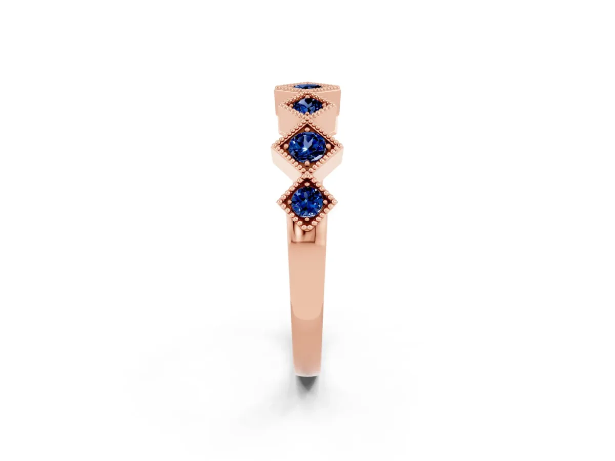 Milgrain Square Bezel Round Blue Sapphire Chevron Band Rose gold