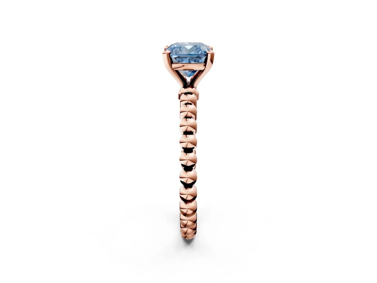 Fancy Blue Cushion Cut Diamond Solitaire Ring with Beaded Band and Prong Setting Rose gold