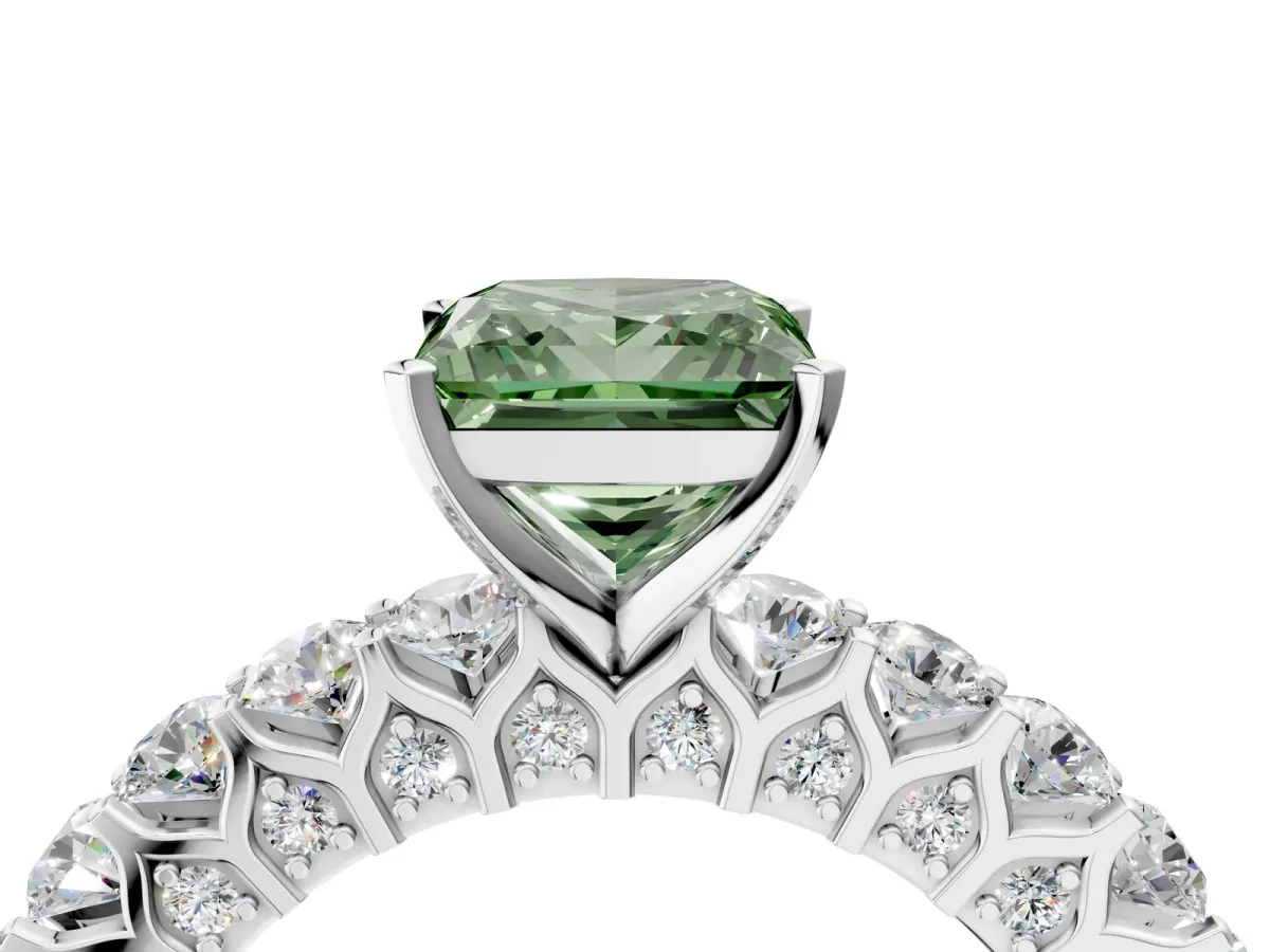 Fancy Green Princess Cut Diamond Solitaire Ring with Shared Prong Pavé Band and Four-Prong Setting Silver