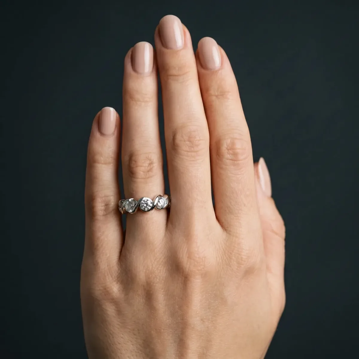 Round Diamond Wave Band with Channel Setting and Shared Prongs Silver