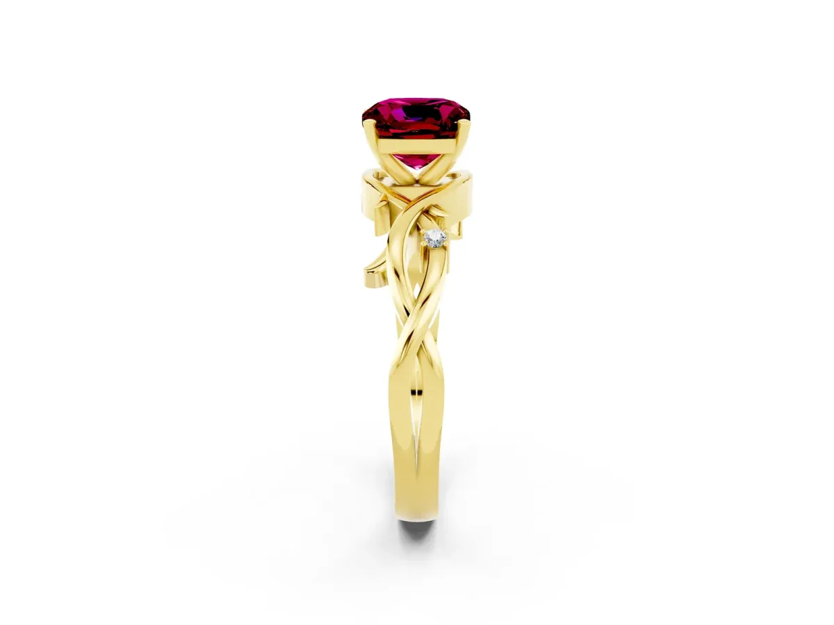 Cushion Cut Garnet Solitaire Ring with Twisted Band and Prong Setting Yellow gold