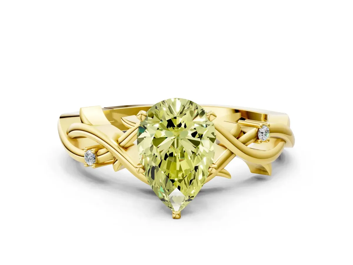 Fancy Yellow Pear Cut Diamond Solitaire Ring with Twisted Band and Prong Setting Yellow gold