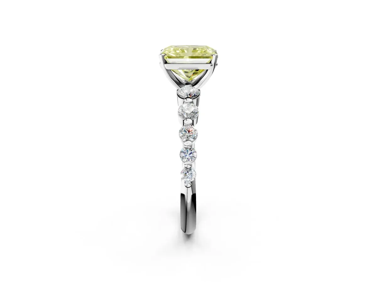 Fancy Yellow Radiant Cut Solitaire Diamond Ring with Pave Band and Four-Prong Setting Silver