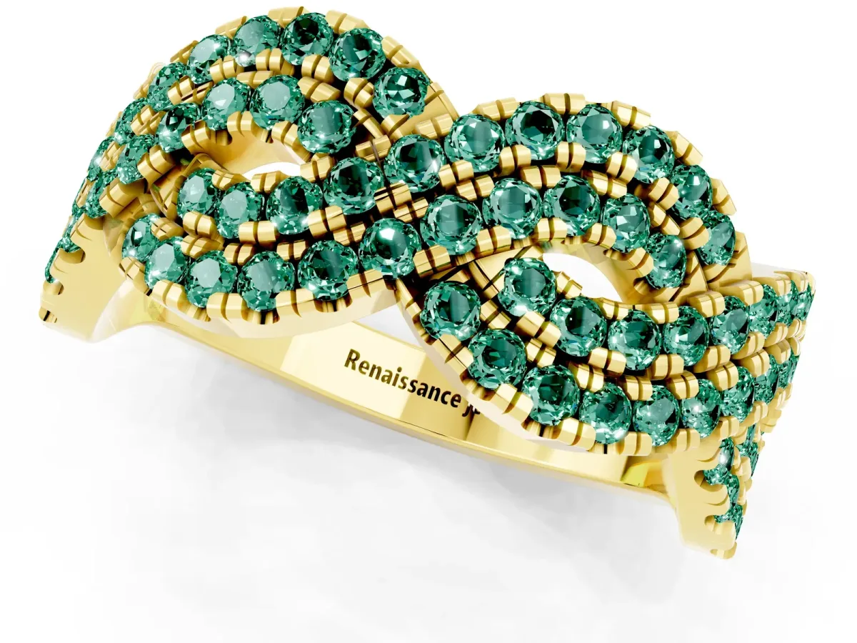 Pavé Round Green Sapphire Infinity Twist Band with Shared Prong Setting Yellow gold