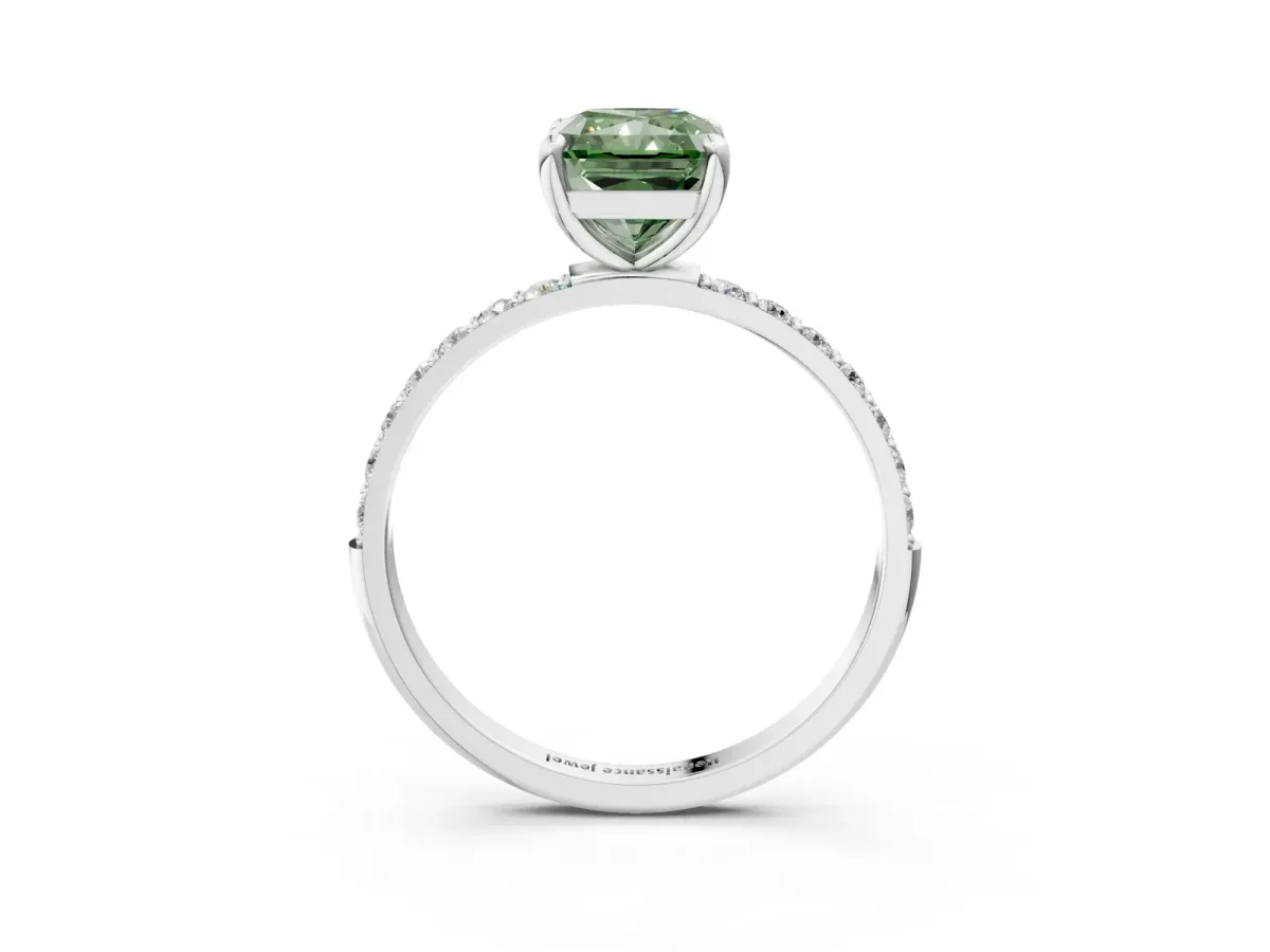 Fancy Green Radiant Cut Diamond Solitaire Ring with Round Pavé Band and Prong Setting Silver