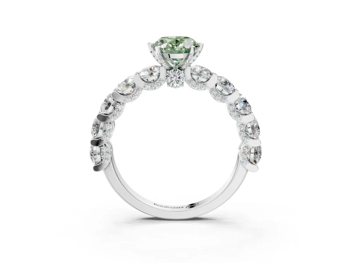 Fancy Green Oval Cut Diamond Side Stone Engagement Ring with Four-Prong Setting White gold