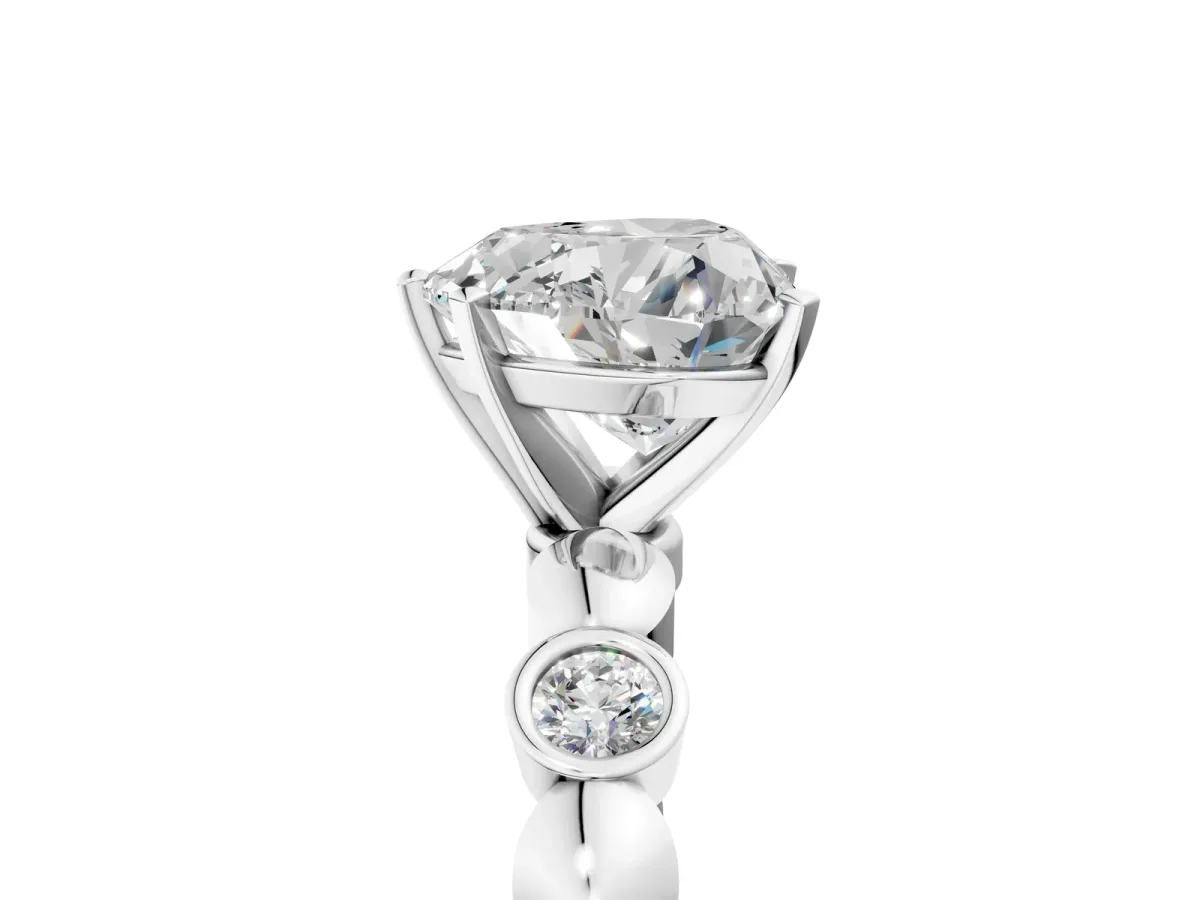 Heart Cut Solitaire Bezel-Set Diamond Ring with Beaded Band and Four-Prong Setting Silver