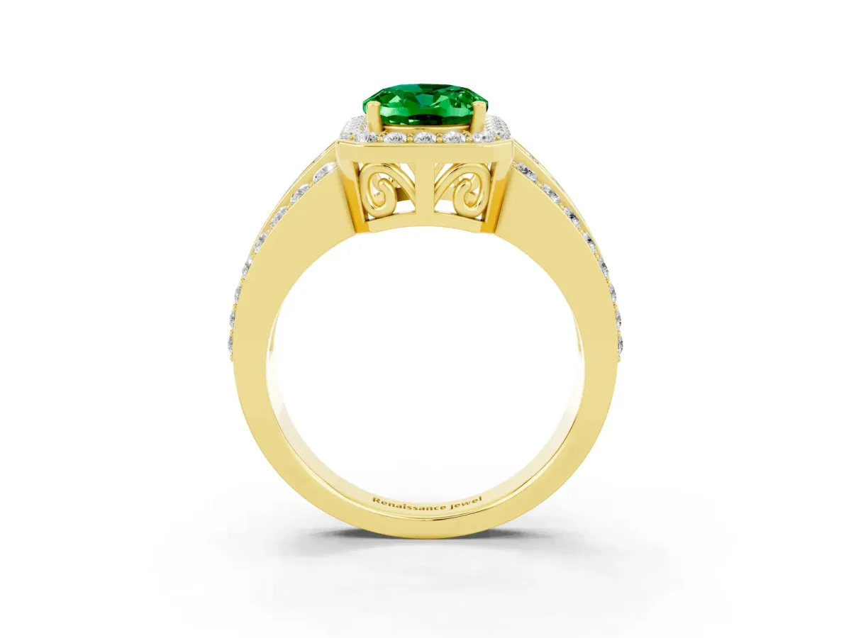 Oval Cut Halo Emerald Ring with Round Split Shank and Prong Setting Yellow gold