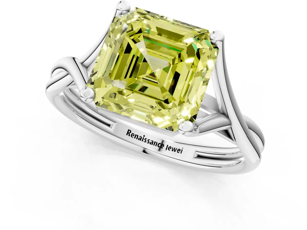 Fancy Yellow Asscher Cut Diamond Solitaire Twist Band Prong Setting Ring Platinum