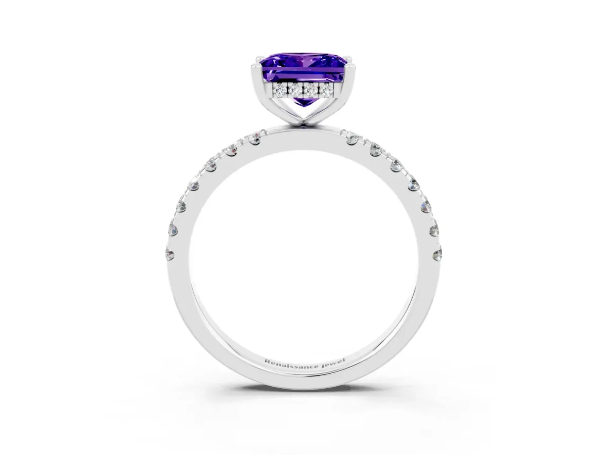 Princess Cut Tanzanite Pave Band Solitaire Ring with Round and Prong Setting Platinum