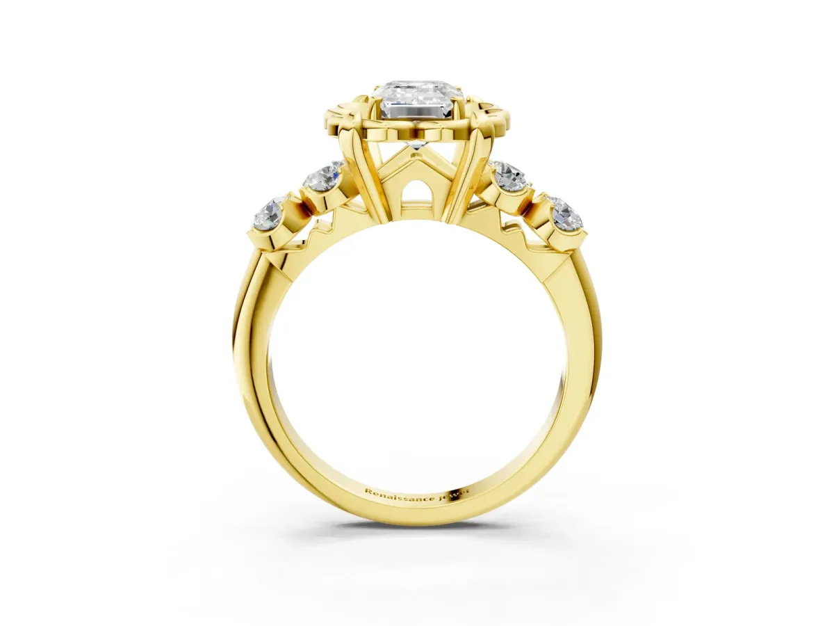 Emerald Cut Cut Diamond Floral Halo Engagement Ring with Shared Prong Setting Yellow gold