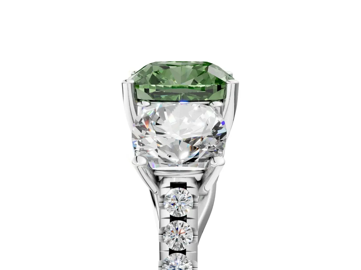 Fancy Green Three-Stone Cushion Cut Diamond Ring with Round Pavé Band and Prong Setting Silver