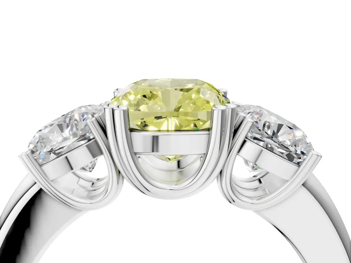 Fancy Yellow Three-Stone Cushion Cut Cut Diamond Ring with Channel Set Band and Four-Prong Setting Silver