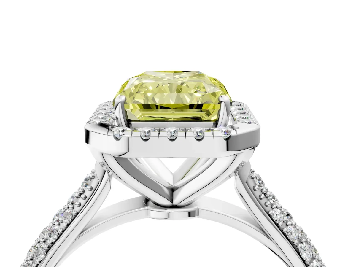 Fancy Yellow Radiant Cut Cut Halo Pave Band Four-Prong Setting Ring Platinum