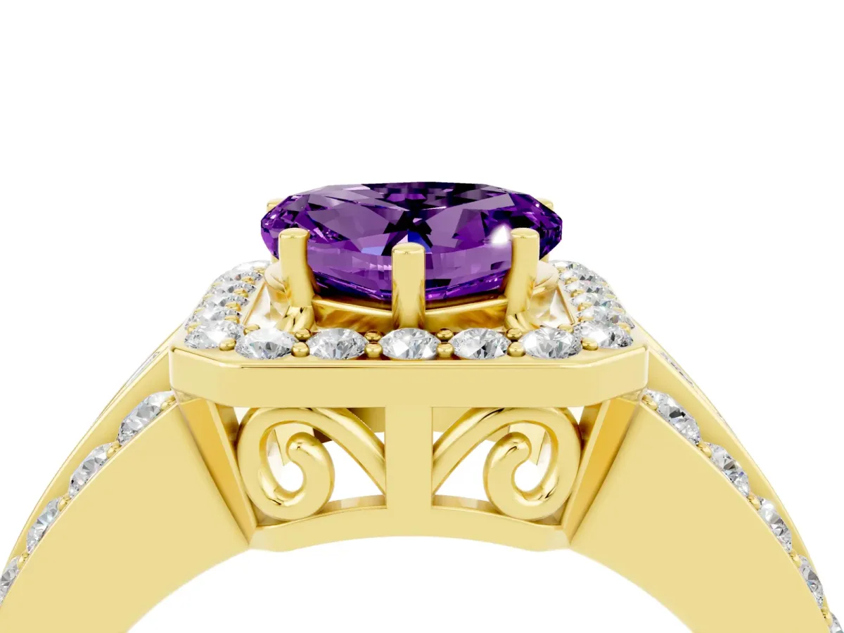 Heart Cut Halo Amethyst Ring with Round Split Shank and Prong Setting Yellow gold