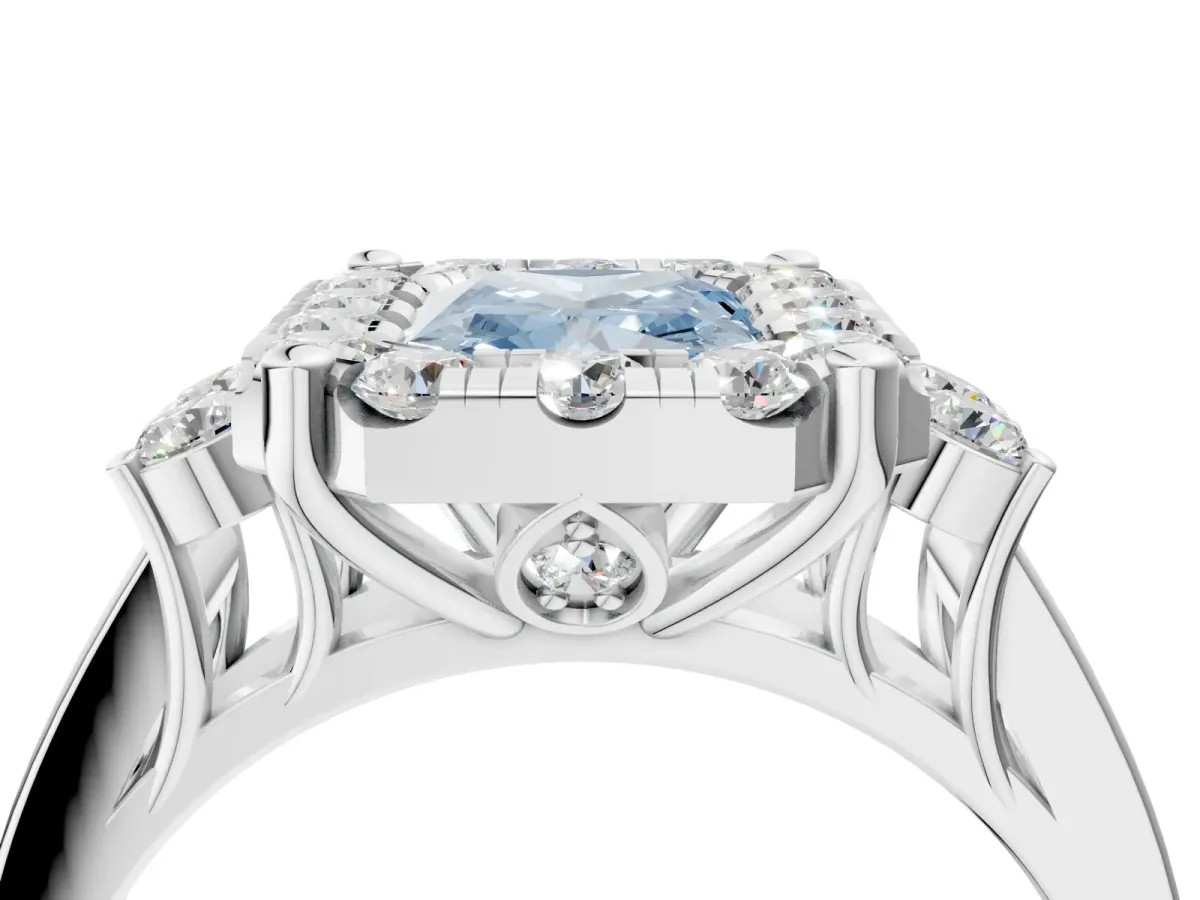 Fancy Blue Radiant Cut Halo Diamond Engagement Ring with Split Shank and Four-Prong Setting Platinum