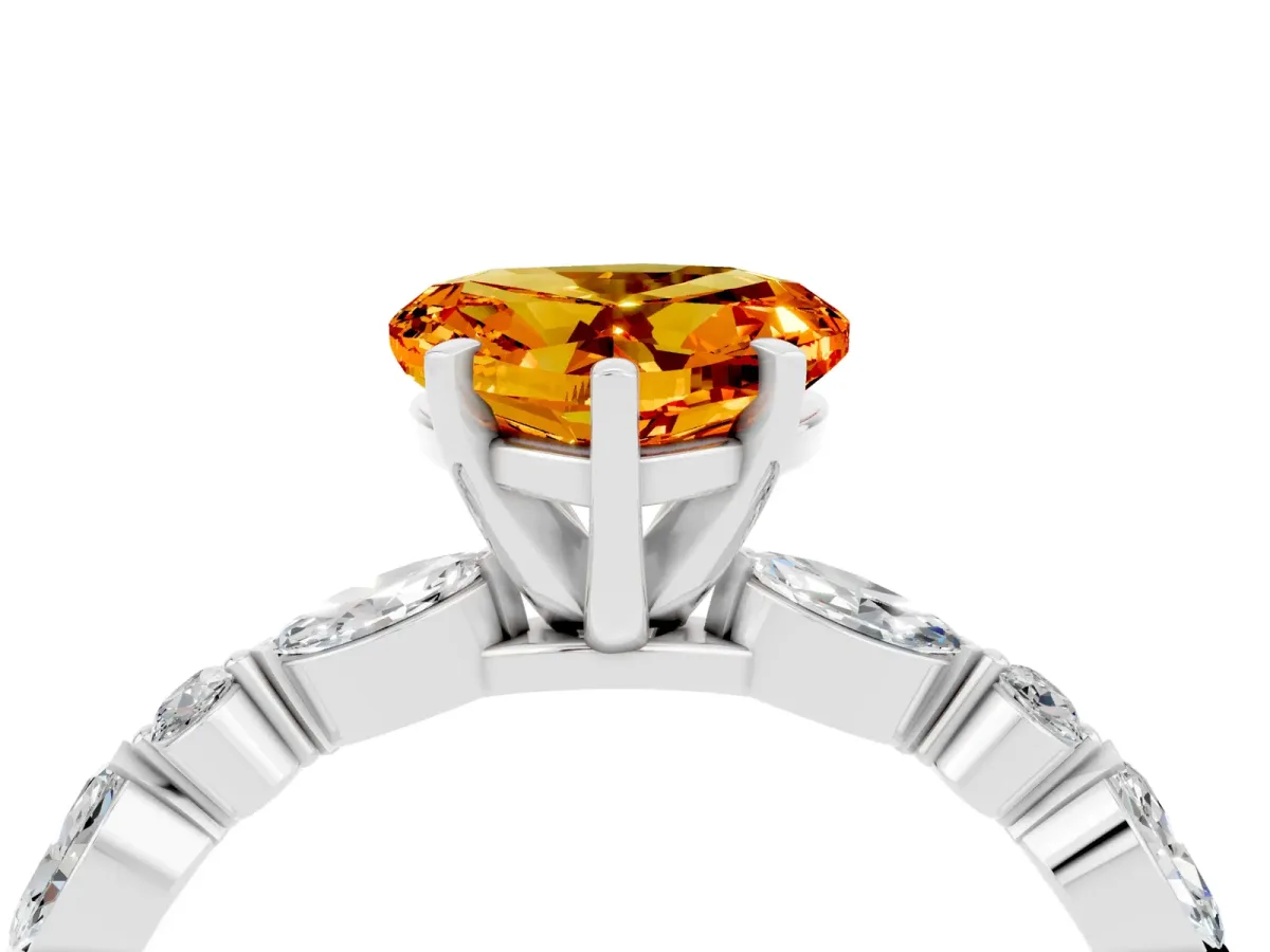 Heart Cut Citrine Ring with Marquise and Round Side Stones and Four-Prong Setting Silver