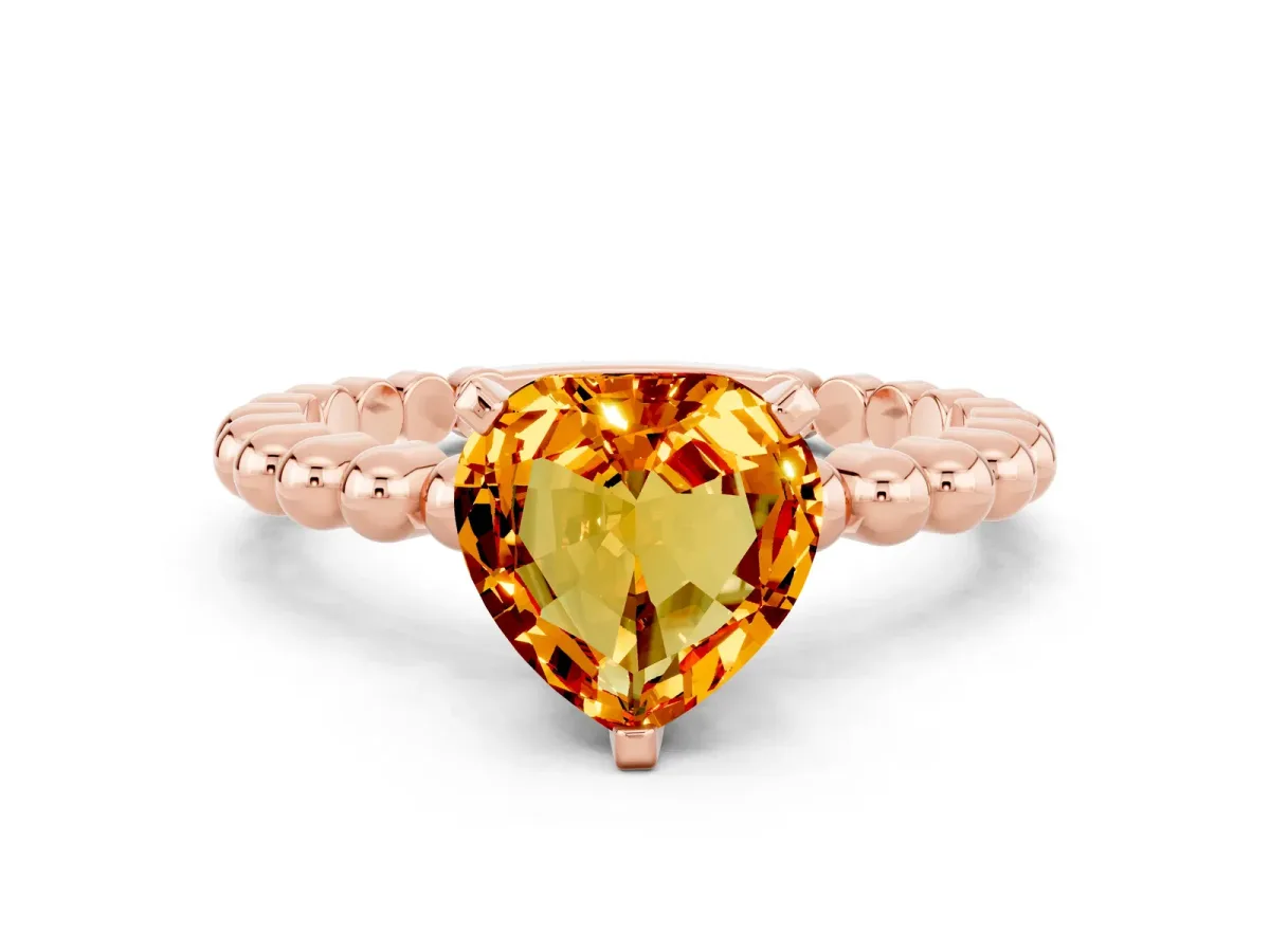 Heart Cut Citrine Solitaire Ring with Beaded Band and Prong Setting Rose gold