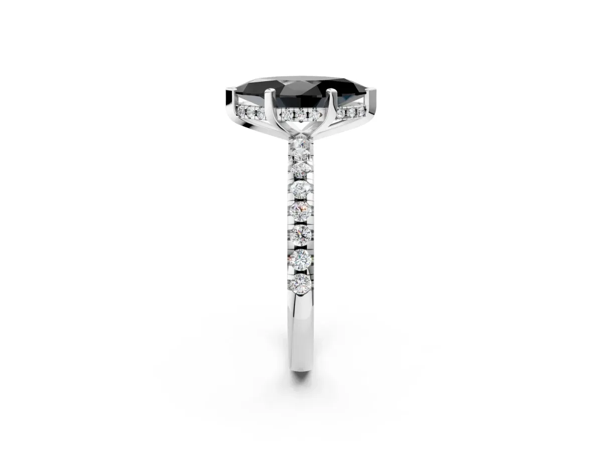 Fancy Black Marquise Cut Diamond Solitaire Ring with Round Pavé Band and Four-Prong Setting Silver