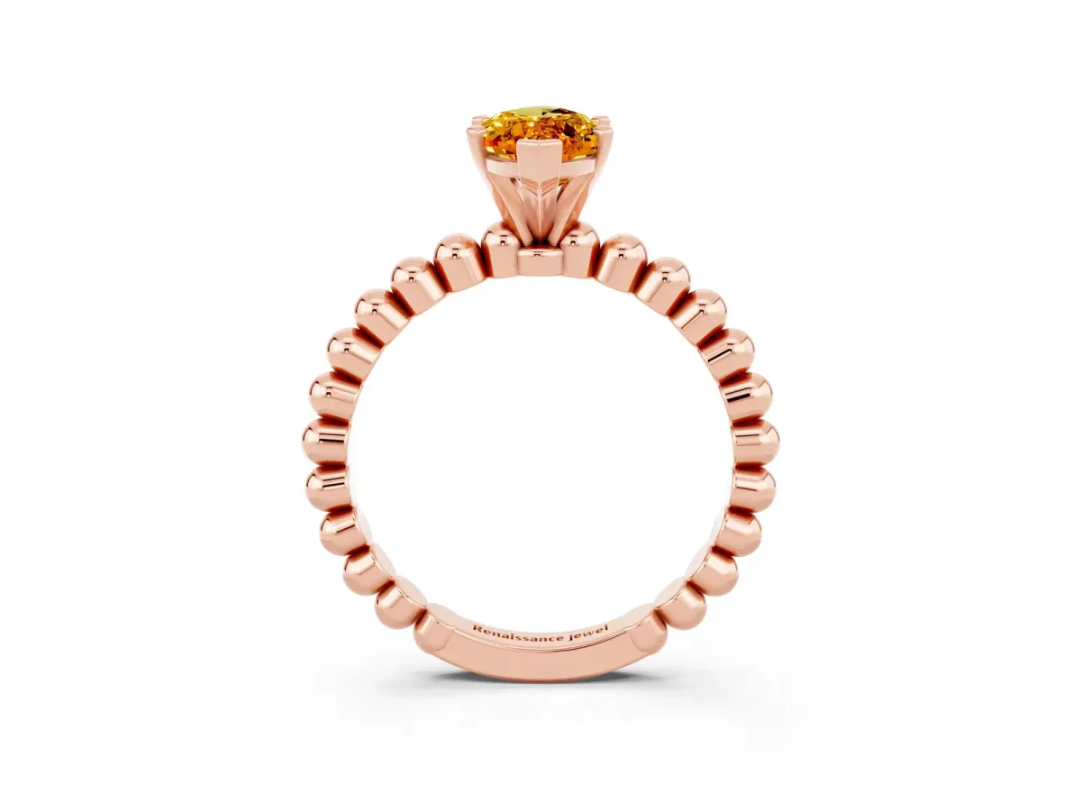 Marquise Cut Citrine Solitaire Ring with Beaded Band and Prong Setting Rose gold