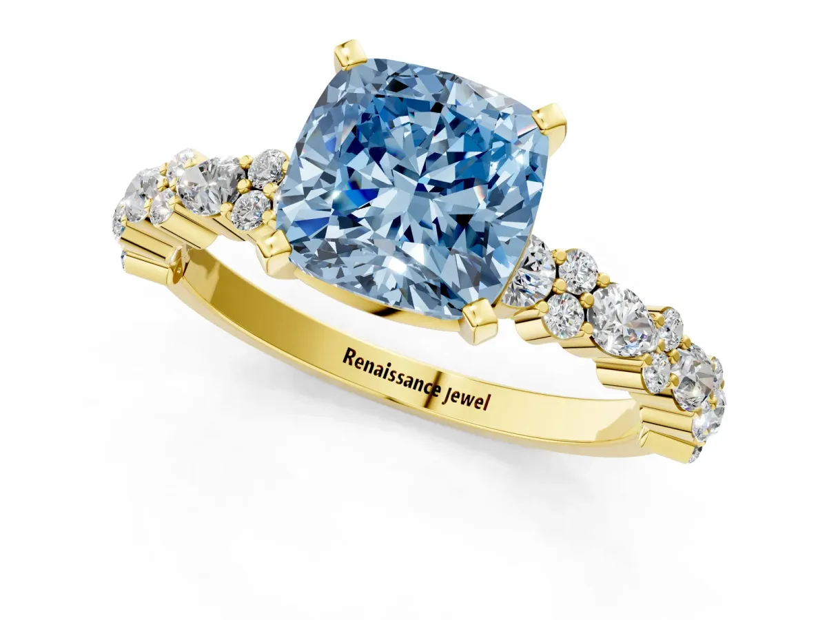 Fancy Blue Cushion Cut Diamond Side Stone Solitaire Ring with Round and Four-Prong Setting Yellow gold