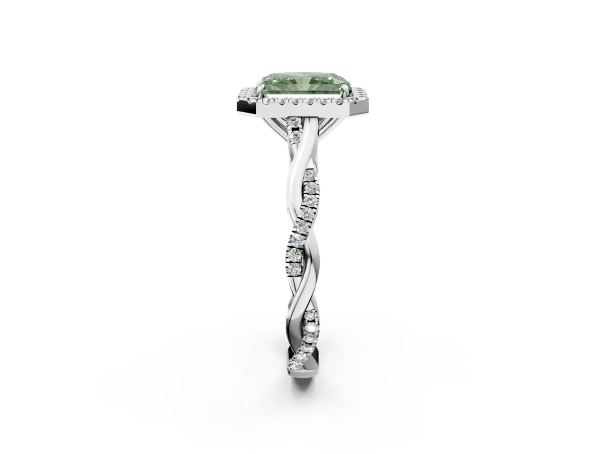Fancy Green Radiant Cut Halo Twist Band Solitaire Ring Platinum