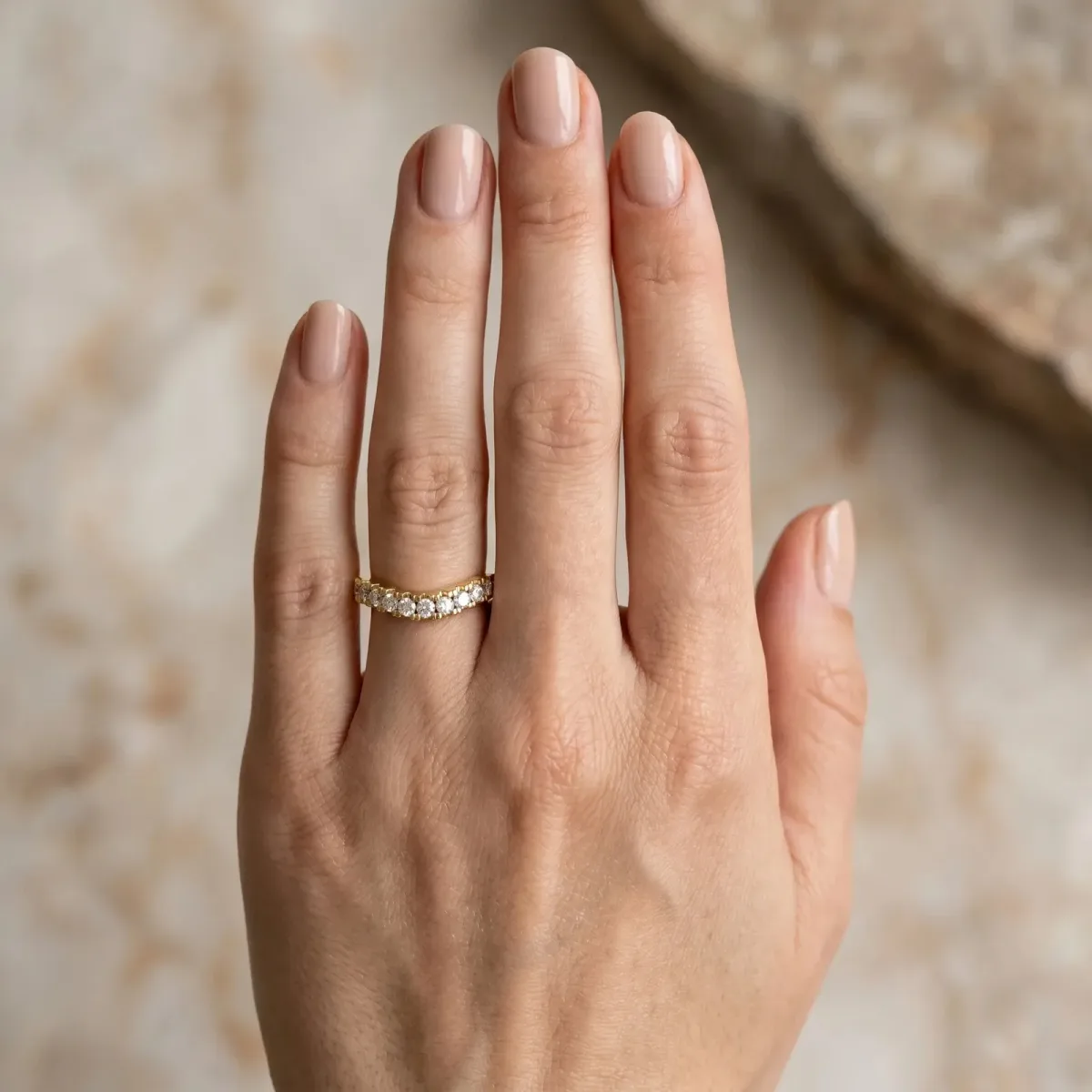 Round Diamond Pavé Curved Band with Shared Prong Setting Yellow gold