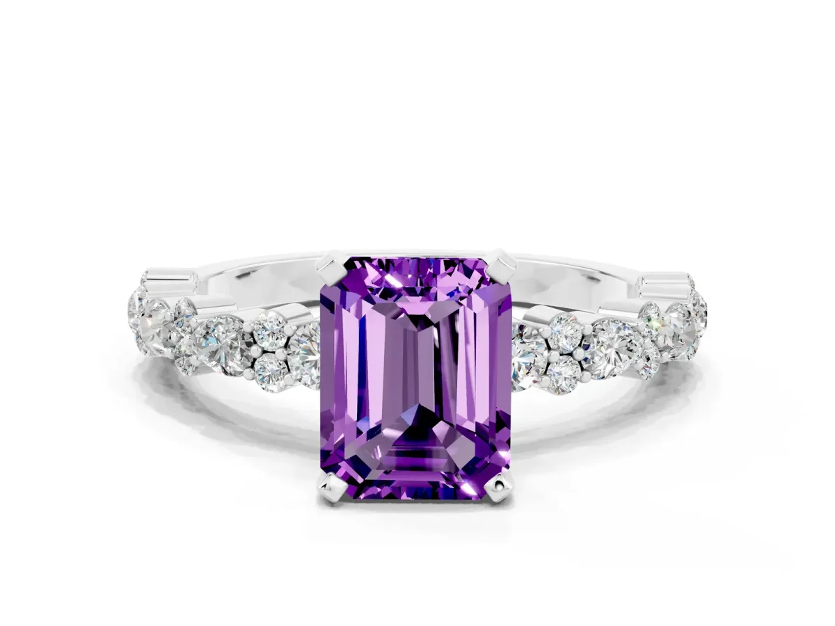 Emerald Cut Amethyst Side Stone Solitaire Ring with Round and Four-Prong Setting Silver