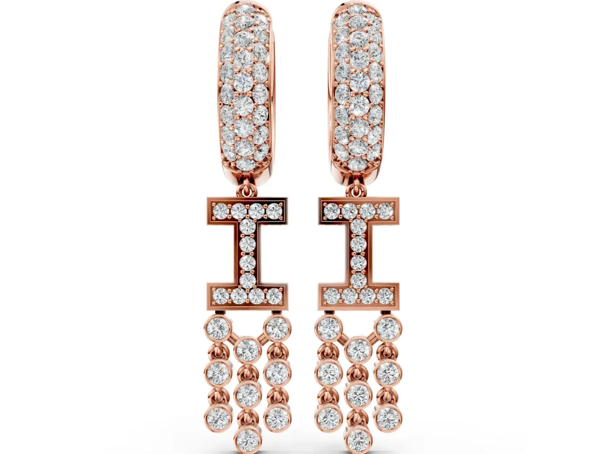 Round Diamond Initial I Huggie Hoop Earrings Rose gold