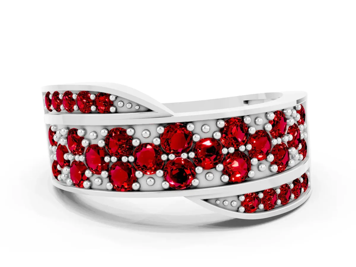 Pavé Round Ruby Crossover Band with Bead Prong Setting Platinum