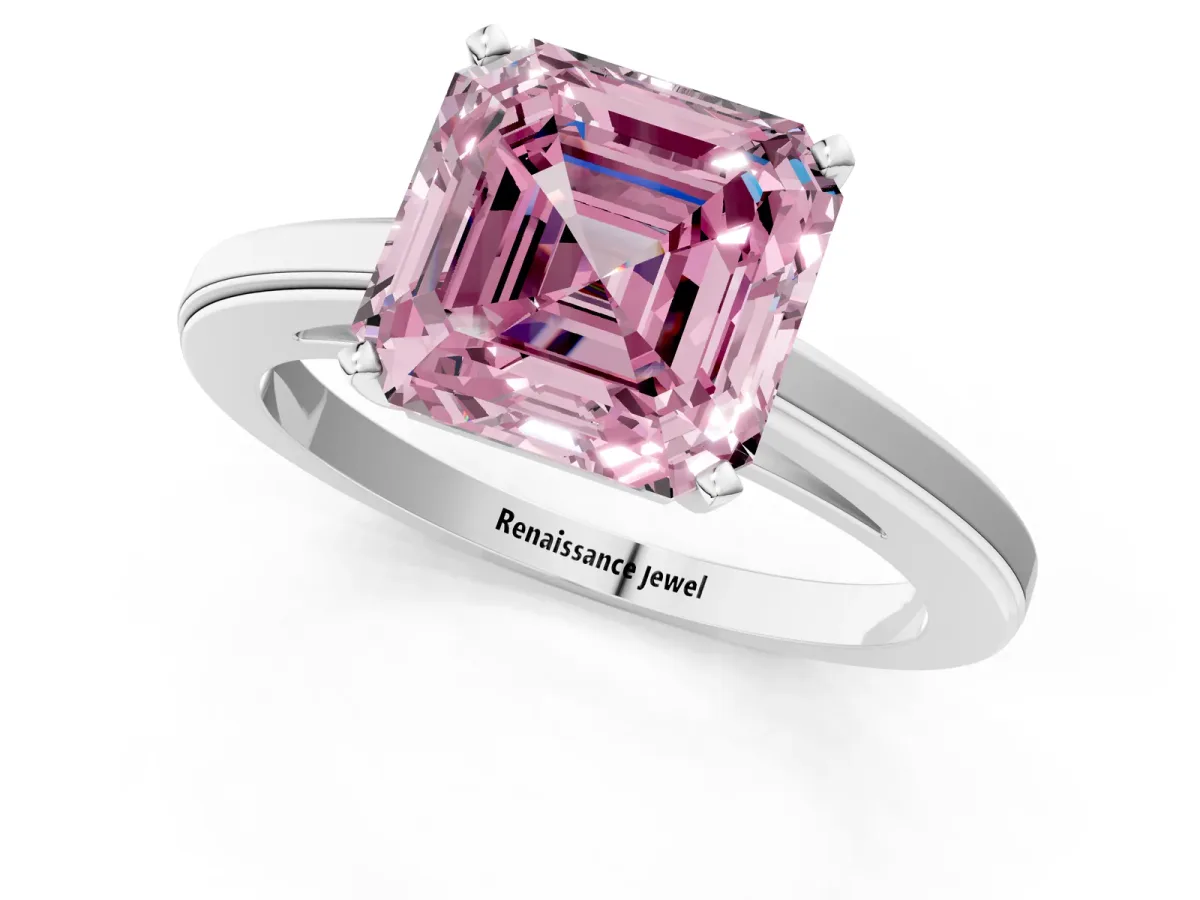 Fancy Pink Asscher Cut Solitaire Diamond Ring with Four-Prong Setting and Classic Band Platinum