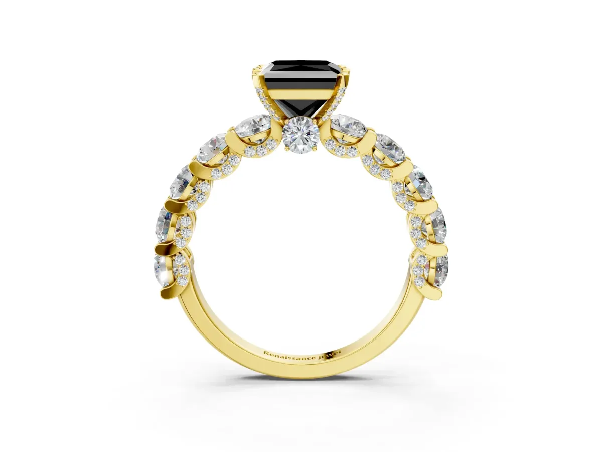 Fancy Black Princess Cut Diamond Side Stone Engagement Ring with Four-Prong Setting Yellow gold