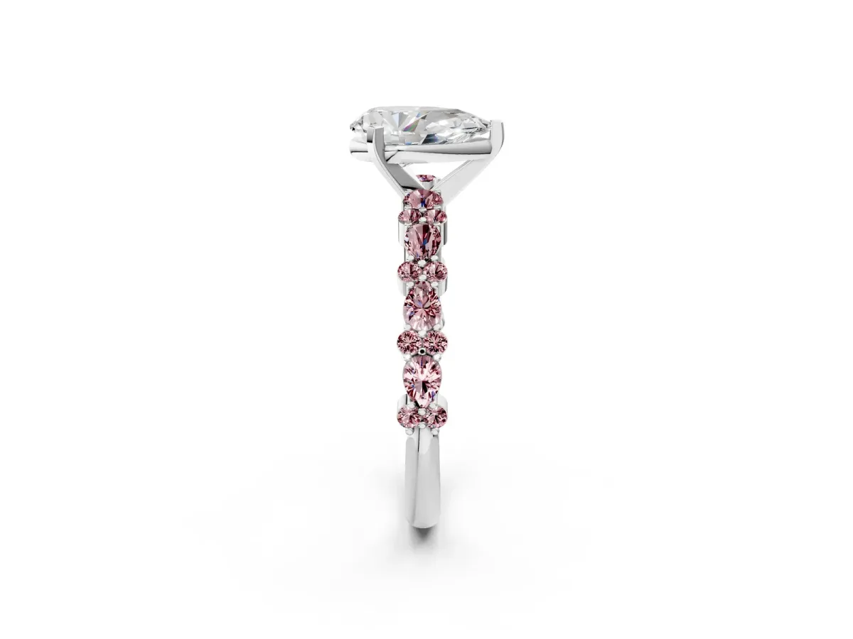 Pear Cut Diamond Side Stone Solitaire Ring with Round Morganite and Four-Prong Setting Platinum