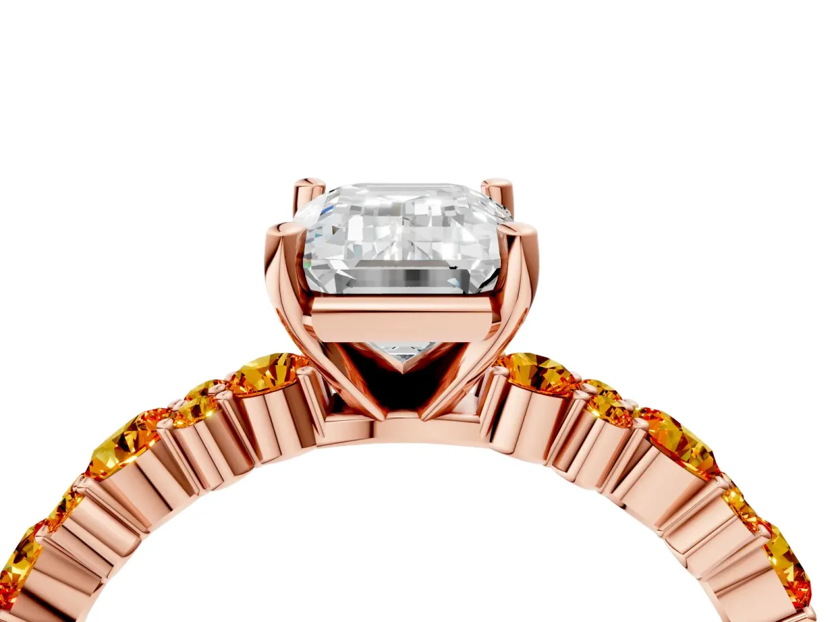Emerald Cut Diamond Side Stone Solitaire Ring with Round Citrine and Four-Prong Setting Rose gold