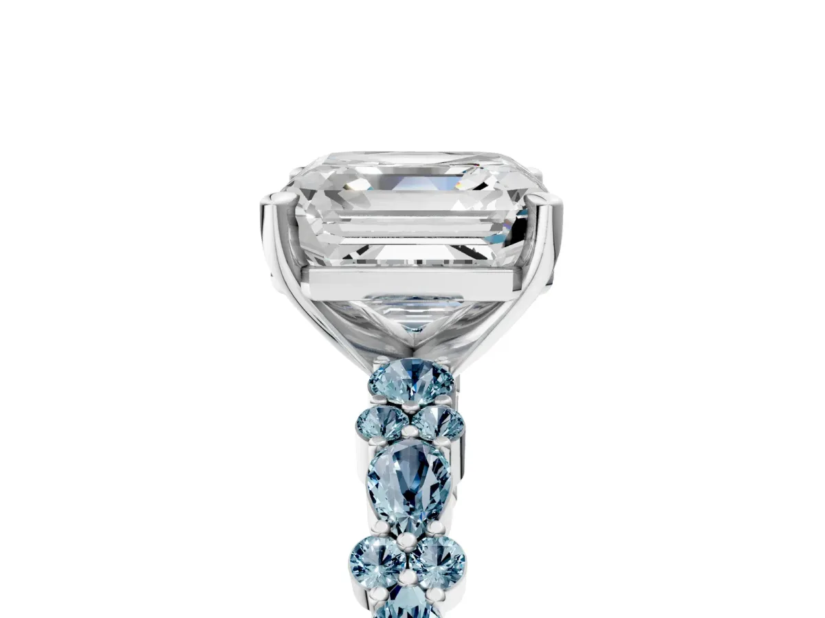 Asscher Cut Diamond Side Stone Solitaire Ring with Round Aquamarine and Four-Prong Setting Silver
