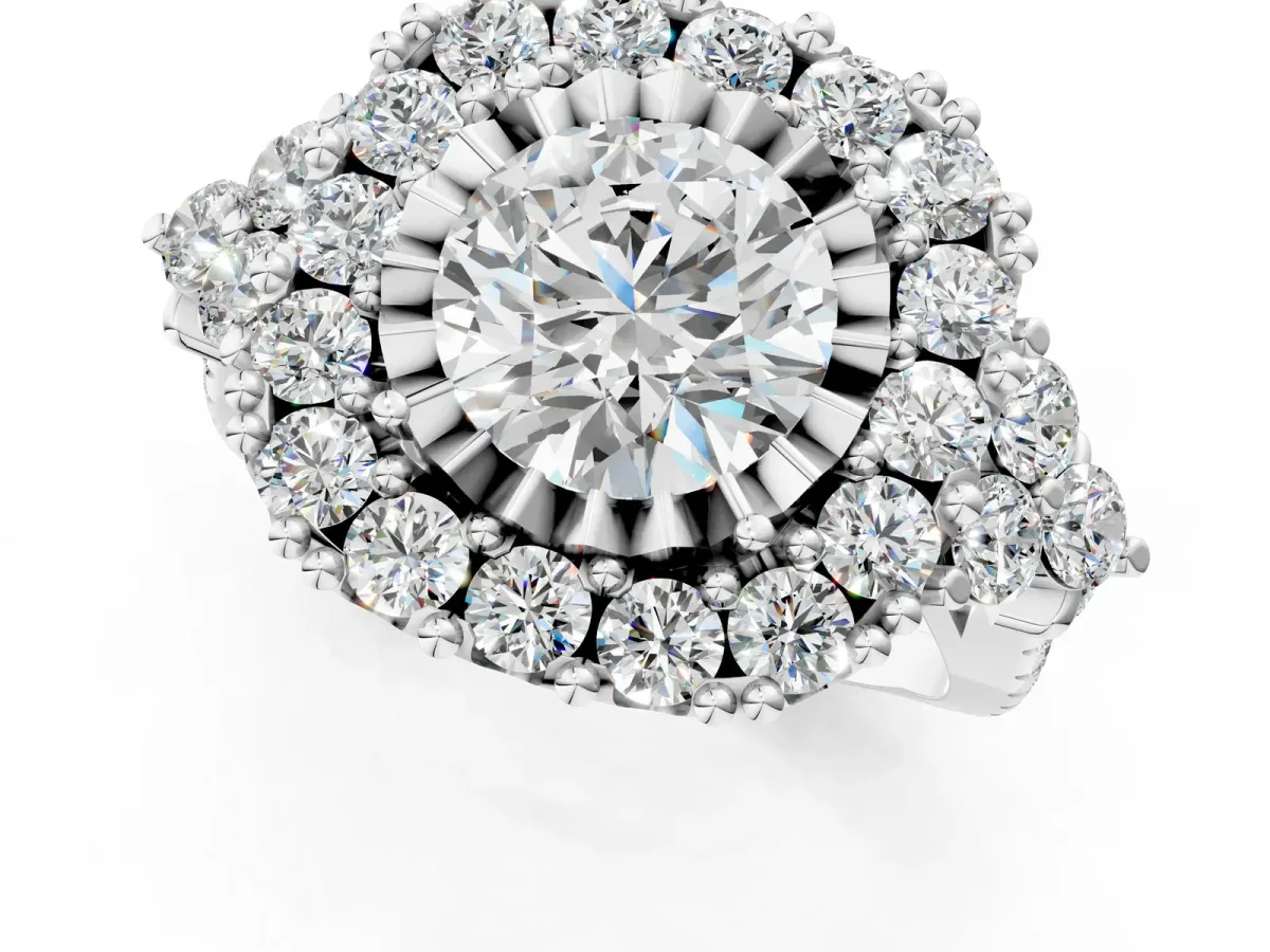 Round Cut Diamond Halo Ring with Pavé Band and Four-Prong Setting Silver