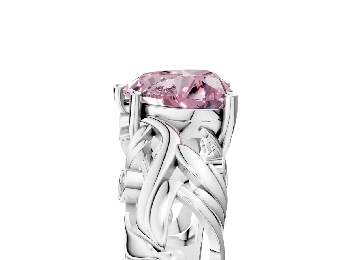Fancy Pink Heart Cut Solitaire Diamond Leaf-Inspired Vine Band Ring with Prong Setting Platinum