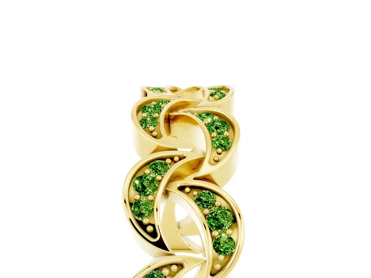 Pavé Round Peridot Interlocking Eternity Band with Bezel Prong Setting Yellow gold