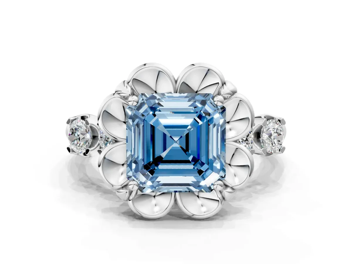 Fancy Blue Asscher Cut Cut Diamond Floral Halo Engagement Ring with Shared Prong Setting Silver