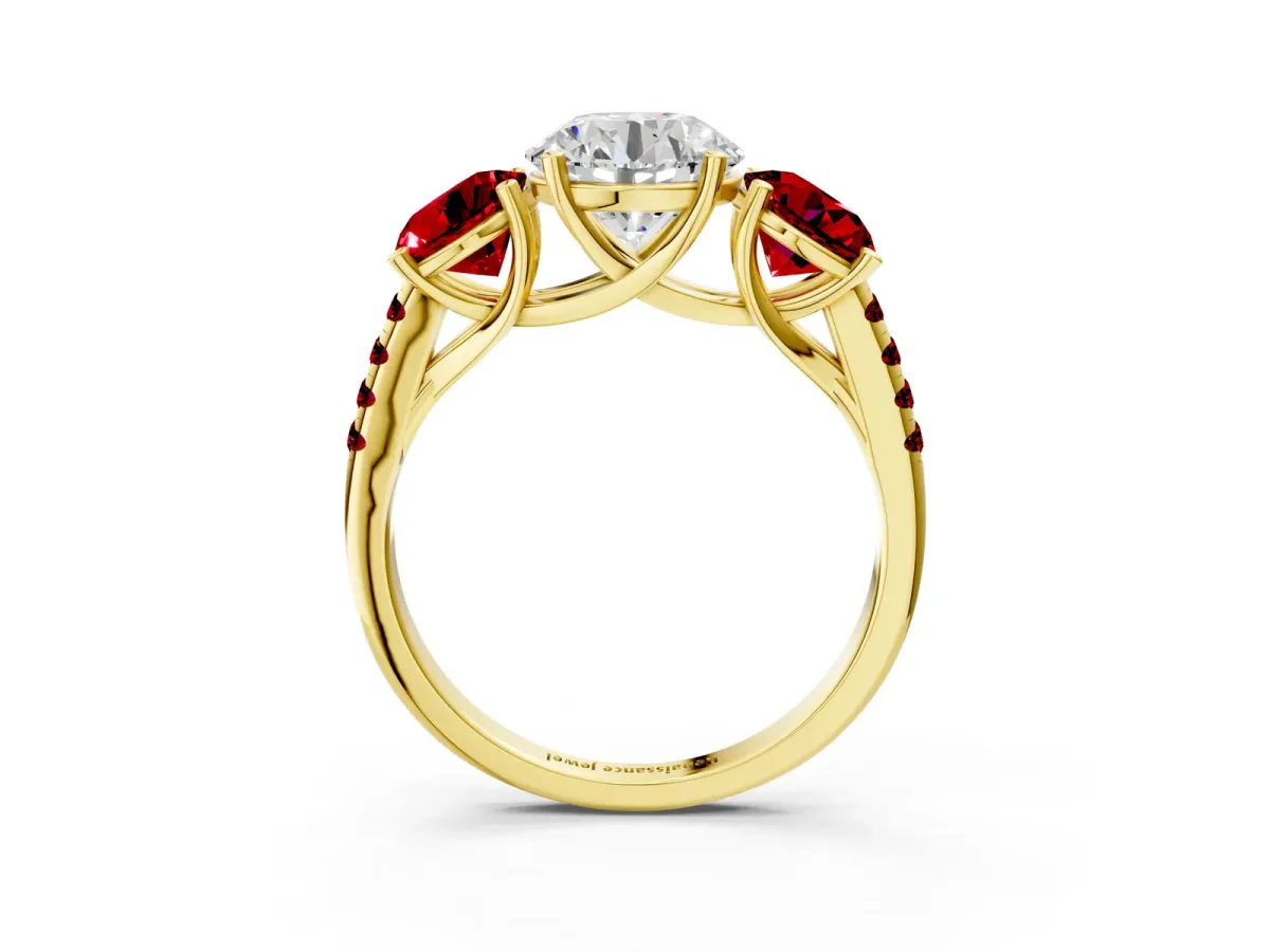 Three-Stone Round Cut Diamond Ring with Round Ruby Pavé Band and Prong Setting Yellow gold