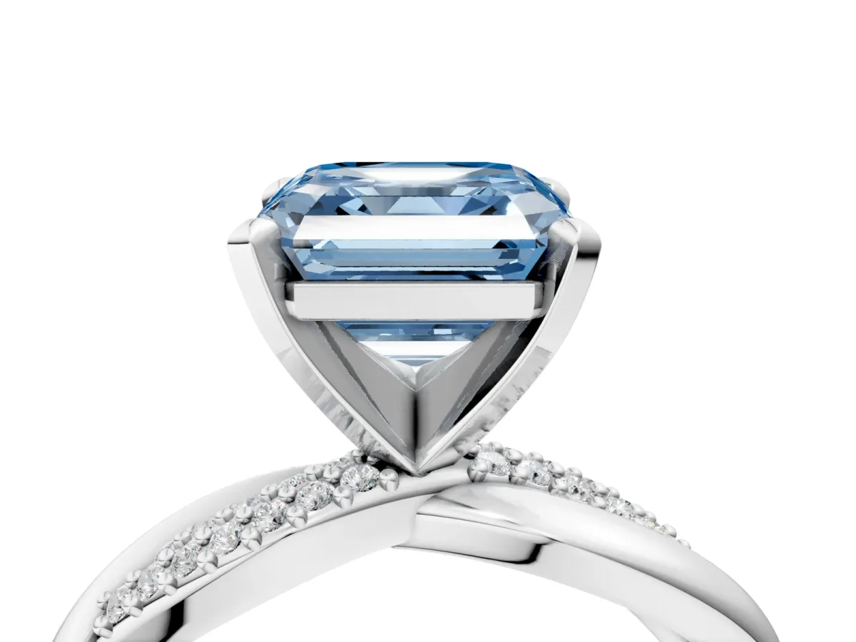 Fancy Blue Asscher Cut Solitaire Twist Band with Pave Prong Setting Platinum