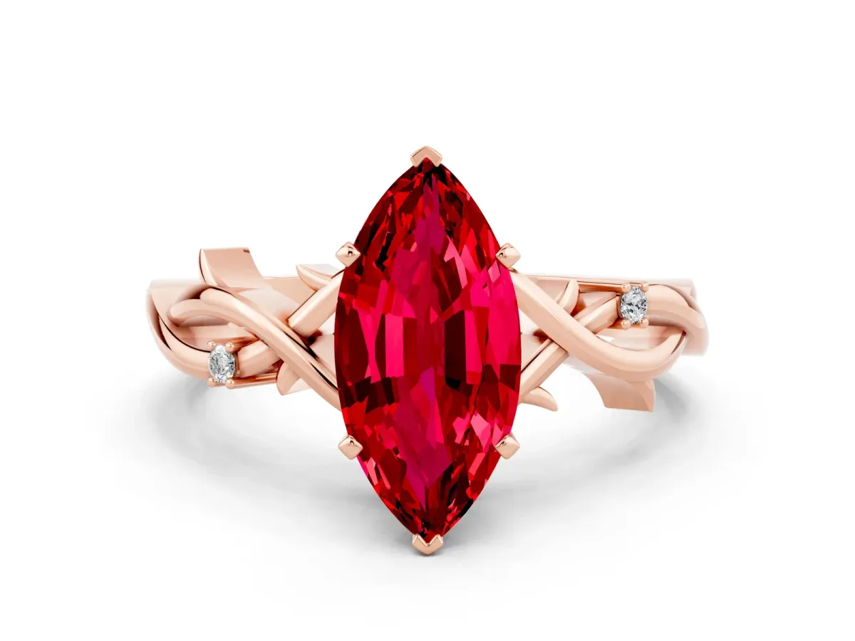 Marquise Cut Ruby Solitaire Ring with Milgrain Pavé Band and Four-Prong Setting Rose gold