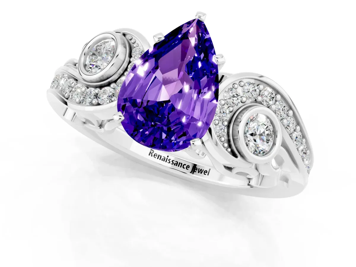 Pear Cut Tanzanite Solitaire Ring with Milgrain Pavé Band and Four-Prong Setting Silver