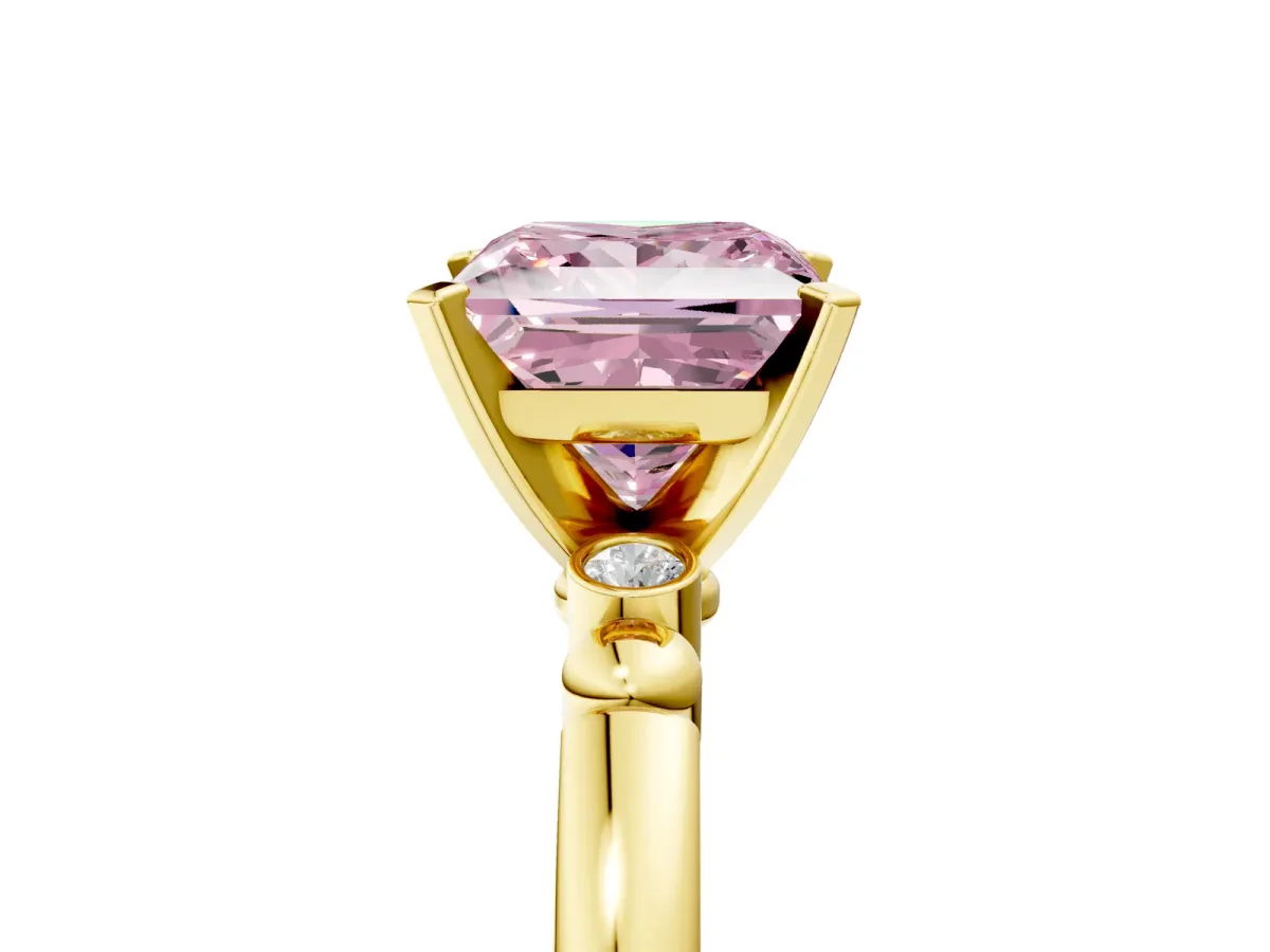 Fancy Pink Princess Cut Solitaire Beaded Band with Four-Prong Setting Yellow gold