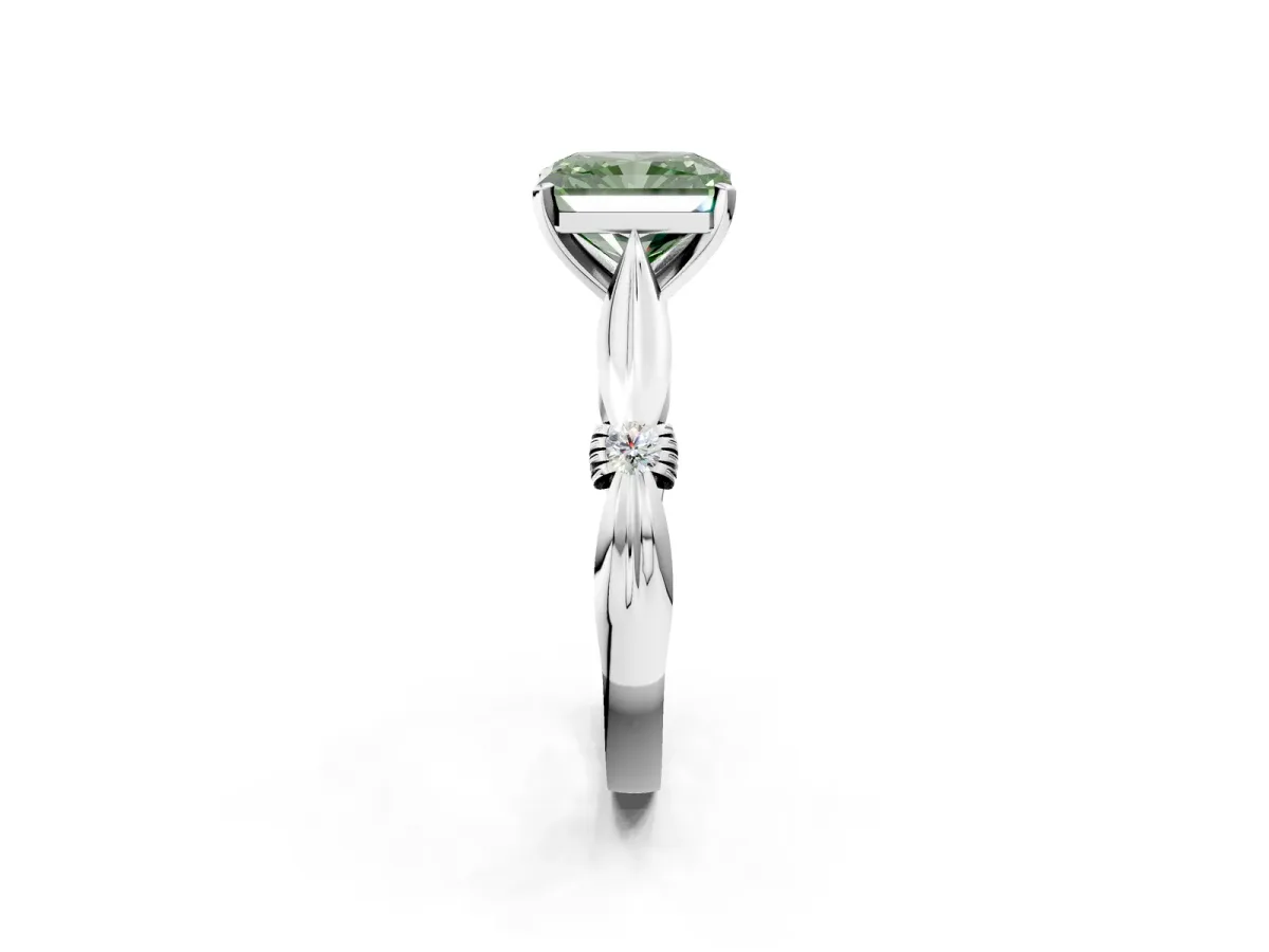 Fancy Green Radiant Cut Solitaire Diamond Twisted Band with Four-Prong Setting Platinum