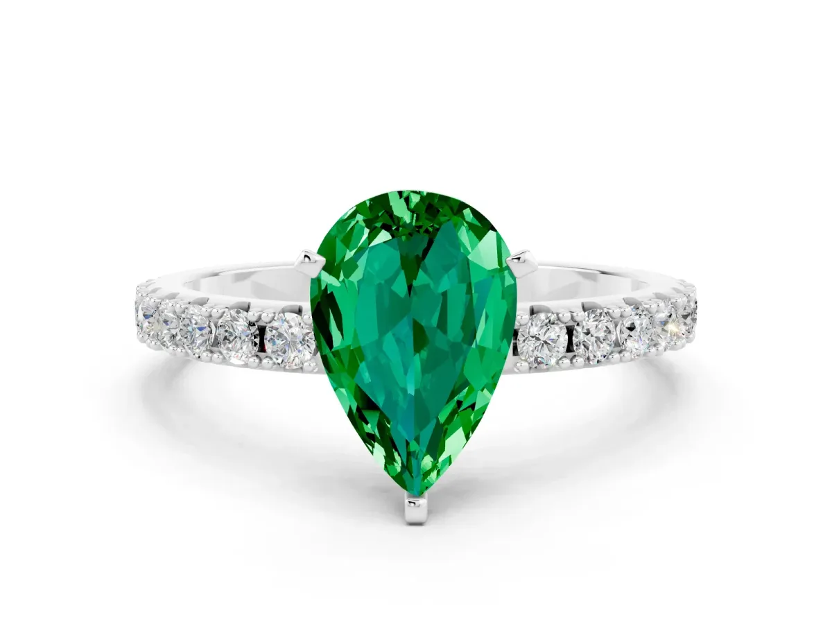 Pear Cut Emerald Solitaire Pavé Band with Four-Prong Setting Silver